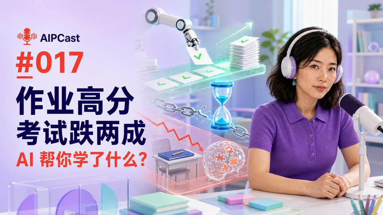 《听懂 AI》第 017 期节目封面：作业高分、考试下降与 AI 学习效果