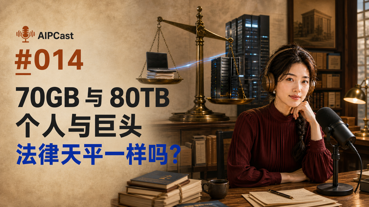 《听懂 AI》第 014 期节目封面：70GB、80TB 与不同的法律压力