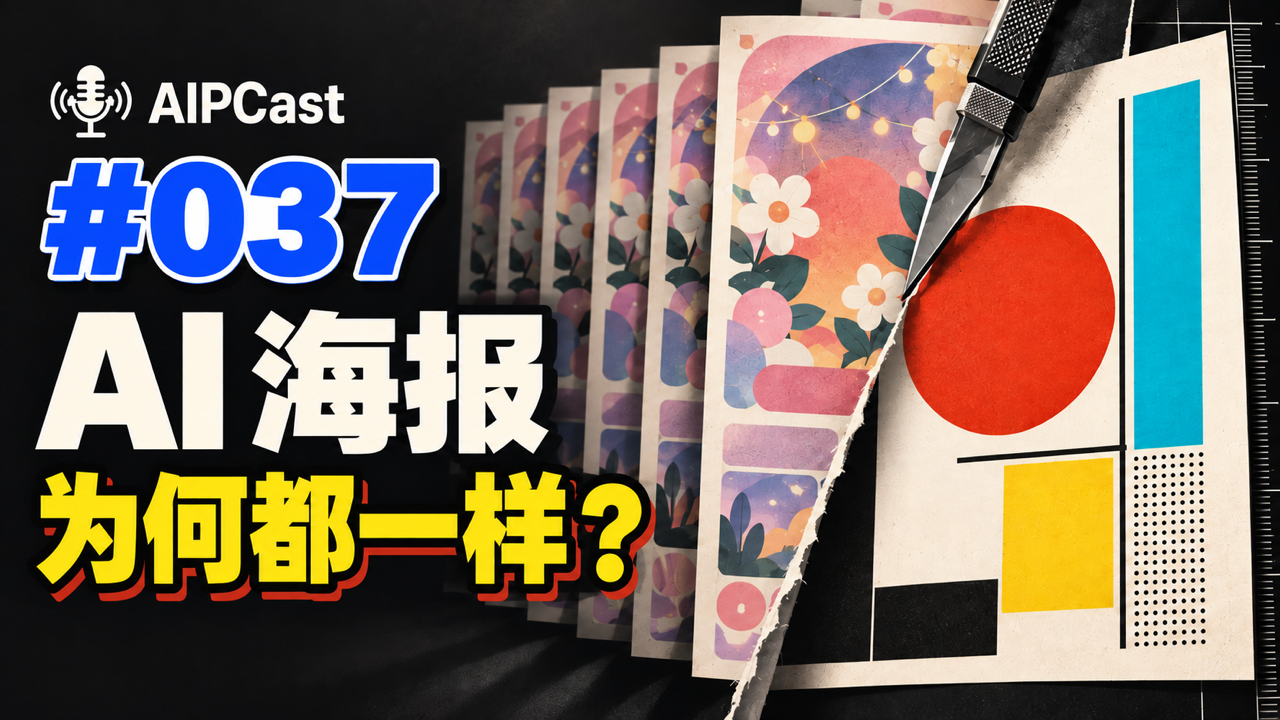 第 037 期节目封面:重复的柔光花卉海报被撕开,露出鲜明的现代主义几何构图