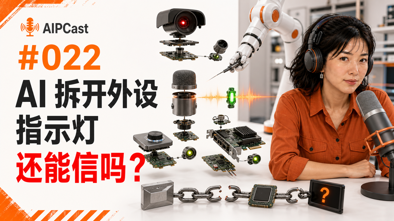 《听懂 AI》第 022 期节目封面:AI 逆向桌面外设与不可信指示灯