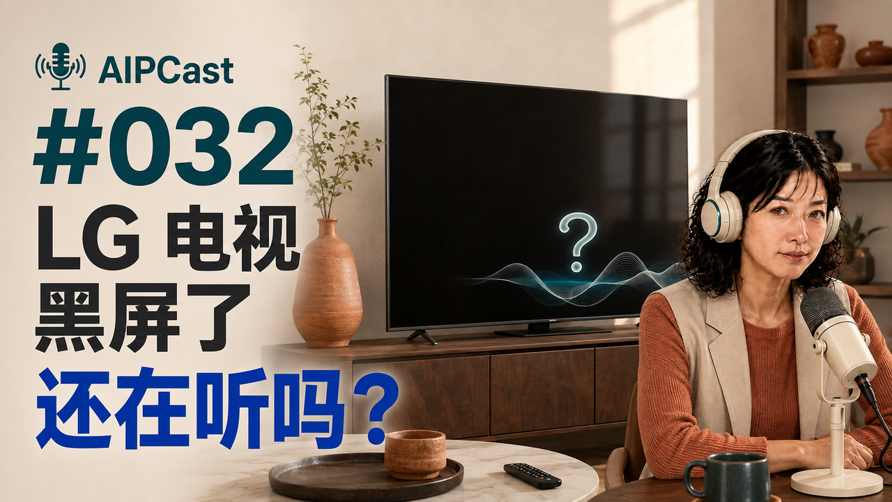 第 032 期节目封面：客厅中的黑屏电视与“还在听吗”的疑问